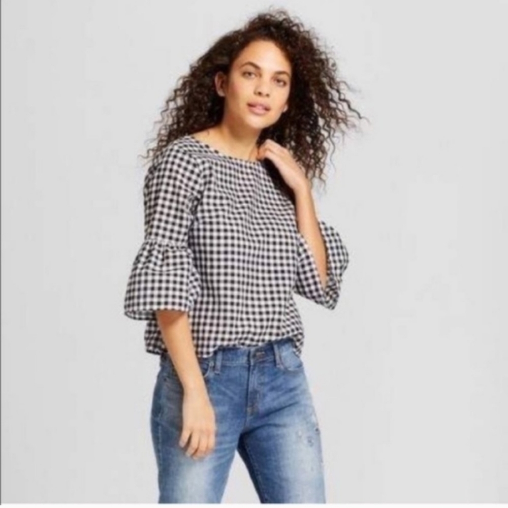 Jane & Delancey/Anthro Blue Gingham Bell Sleeve